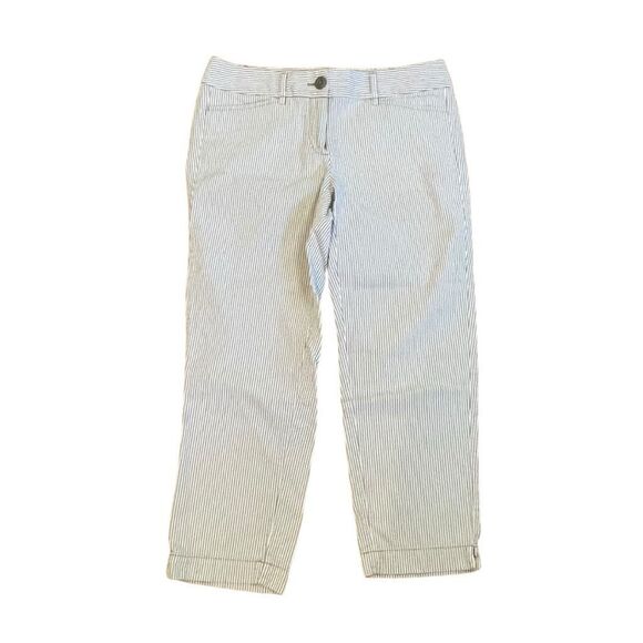 Loft Original Crop Seersucker Pants Tan White Stripe Knit Mid-Rise 2 - Picture 1 of 7